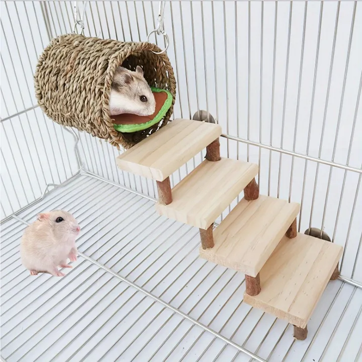 2pcs%20Small%20Pet%20Nest%20Toy,%20Hamster%20Straw%20Woven%20Tunnel%20Nest%20With%20Wooden%20Ladder%20And%20Warm%20Pad,%20Small%20Animal%20Supplies%20-%20Image%202