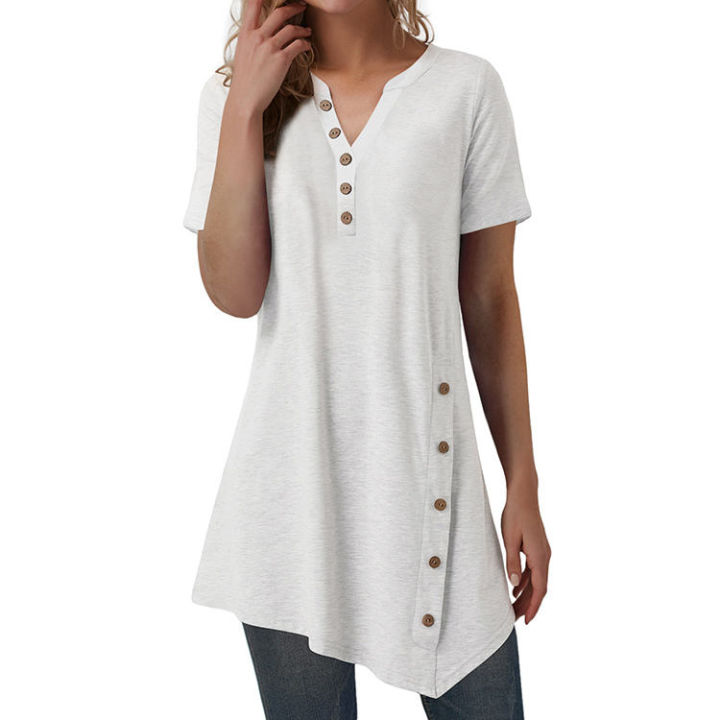 Ladies%20Button%20Design%20Short%20Sleeve%20Tops%20Blouse%20Irregular%20Ladies'%20Blouses%20-%20Image%208