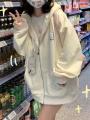 QWEEK Harajuku Kawaii Pink Zip Up Hoodie Women Japanese Y2K Sweet Cute Beige Fleece Sweatshirts Korean Style Girly Hooded Jacket. 
