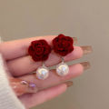 Wine Red Pearl Rose Flower Earrings Retro Wedding Ear Studs Chinese New Year Jewelry Earring Podazz. 