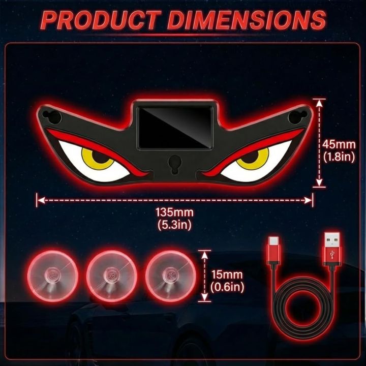 Solar & Type-C Rechargeable LED Evil Eyes Car and Bike Light – Universal Windshield Decoration