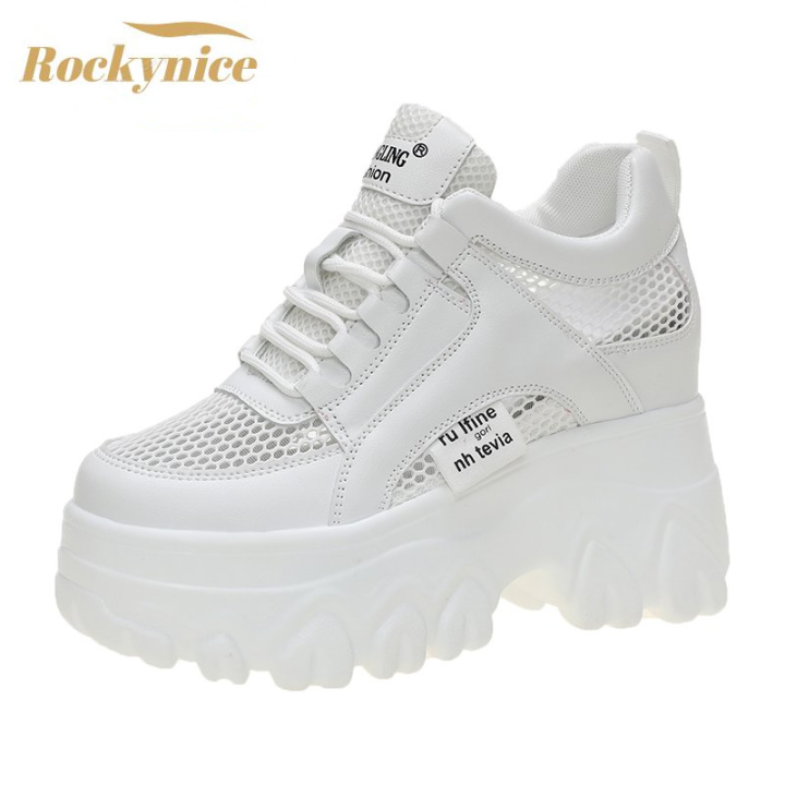 Breathable Mesh Chunky White Sneakers Women Summer 2021 Hollow Out Mesh Platform Sandals Woman Height Increased Casual Shoe 10cm House Foocus