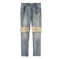 Kanye West Streetwear Distressed Knees Pleated Destroy Denim Trousers Ankle Zipper Men's Ripped Jeans Bieber Skinny Jeans Pants.