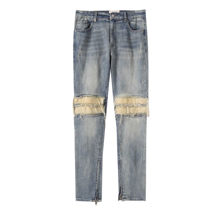 Kanye West Streetwear Distressed Knees Pleated Destroy Denim Trousers Ankle Zipper Men's Ripped Jeans Bieber Skinny Jeans Pants