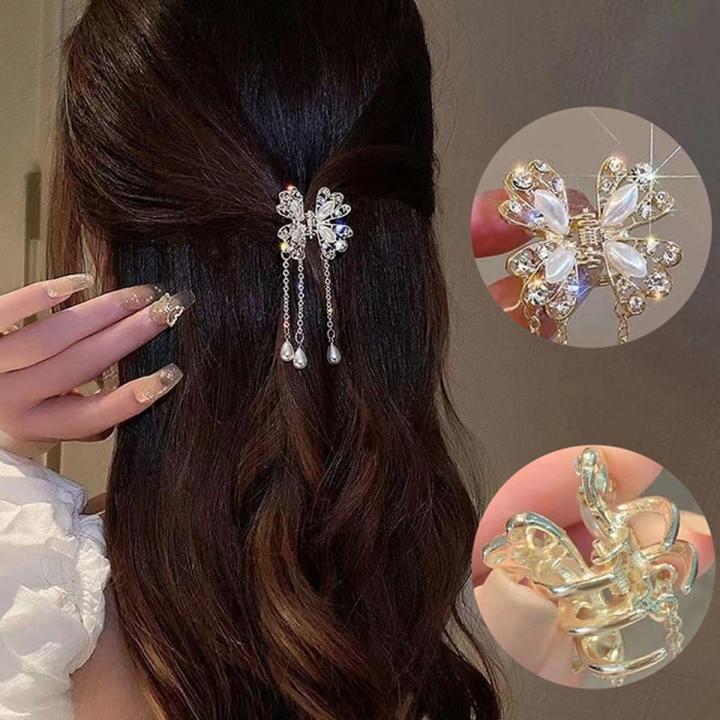Pearl Rhinestone Tassel Butterfly Clip Female Temperament Hair Accessories Hair