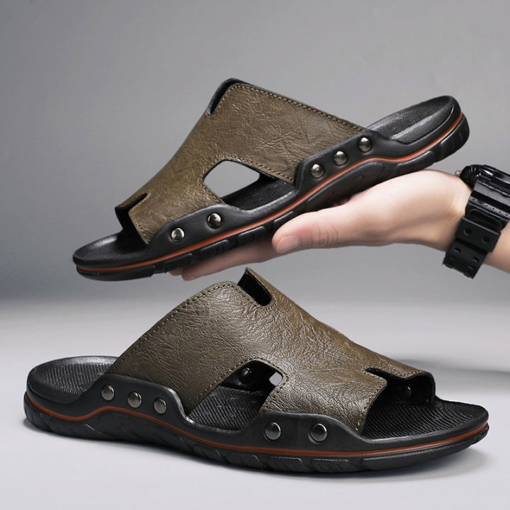 Men's Slippers Leather Summer Outside Sandals Lightweight Soft