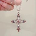 Gothic Pink Cross Necklace Y2K Purple Zircon Punk Pendant Necklace Grunge Heart Cross Necklace for Women Jewelry Accessories.