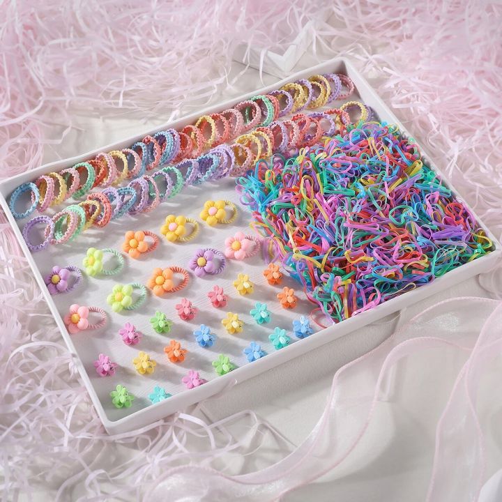 580Pcs Girls Hair Accessories Set Candy Colors Hair Ties Children Elastic Rubber Band Cute Small Flower Hair Clips for Kids