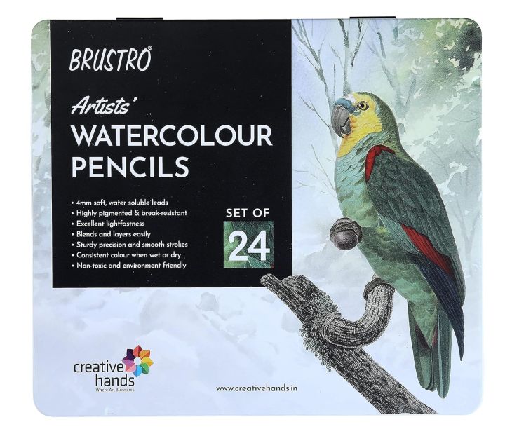 BRUSTRO Artists Water Colored Pencils - Set of 24 Shades - 4mm Lead | Break Resistant, Erasable, High Pigmented, Vibrant Colours | Ideal for Drawing, Mandala, Shading, Portrait, Fine Art Students