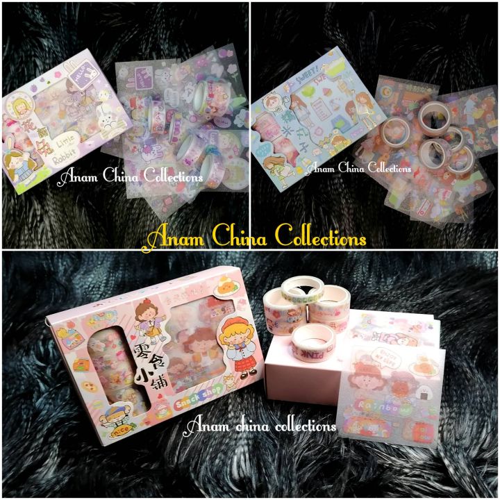 8pcs Sticker And 4ps Printed Washi Tape Set Cute Girl Paper Tapes Journal Scrapbooking Diy Deco Kawaii Masking Tapes