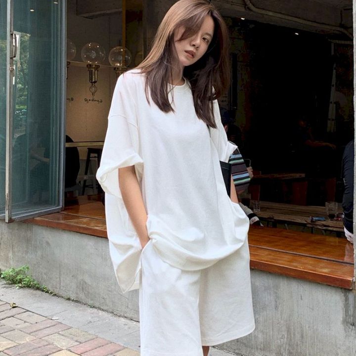 2021%20Spring%20And%20Summer%20Korean%20White%20Short%20Sleeve%20T-shirt%20Shorts%20Two-piece%20Suit%20Women%20Loose%20High%20Waist%20Casual%20Sports%20Top%20Pants%20-%20Image%203