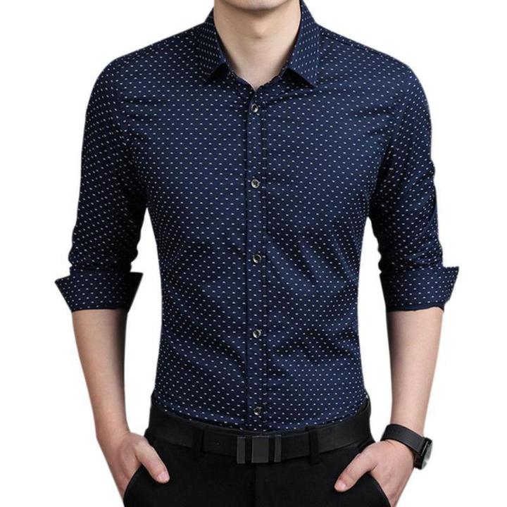 Navy Blue Cotton Long Sleeve Polka Dot Shirt for Men