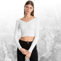 Women's Stylish V-Neck Long Sleeve Ruched Crop Top – White. 