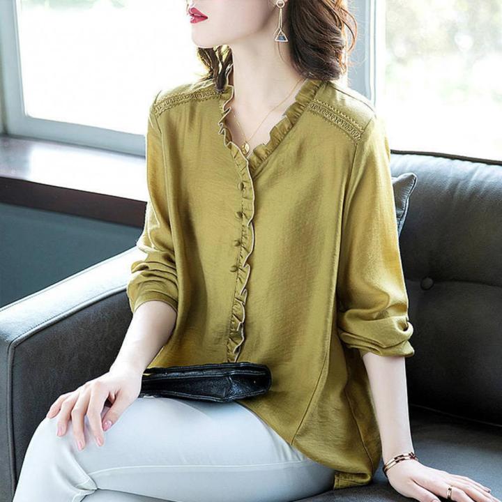 Solid%20Oversize%20M-4XL%20Women%20Shirts%20Ruffles%20V%20Neck%20Loose%20Blouse%20Women%20Elegant%20Long%20Sleeves%20Shirt%20Office%20Ladies%20Chic%20Tops%20Summer%20-%20Image%205