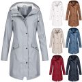Fashion Hooded Rain Coat Casual Ladies Waterproof Windproof Long Jacket Buttons Coat Female Winter Long Sleeve Womens Outerwear. 