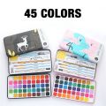 45 Colors Solid Watercolor Paint Set Metal Box Painting Pigment With Water Brush ,yellow sponge,Mop brush, Art Outliners,2pc Round brush ,pencil ,sharpener Drawing Watercolor Paper. 