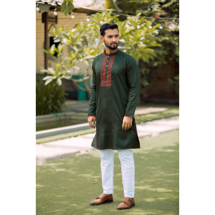 Masculine%20Dark%20Green%20Semi%20Fit%20Casual%20Panjabi%20For%20Men%20-%20Image%202