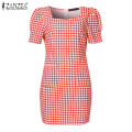 Korean Style Womens Geometric Printed Sundress Elegant Square Neck Mini Dress #11. 