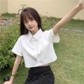 Korean Fashion White Shirt Woman 2023 Cute Crop Top Preppy Button up Shirts Oversize With Tie Long/Short Sleeve. 