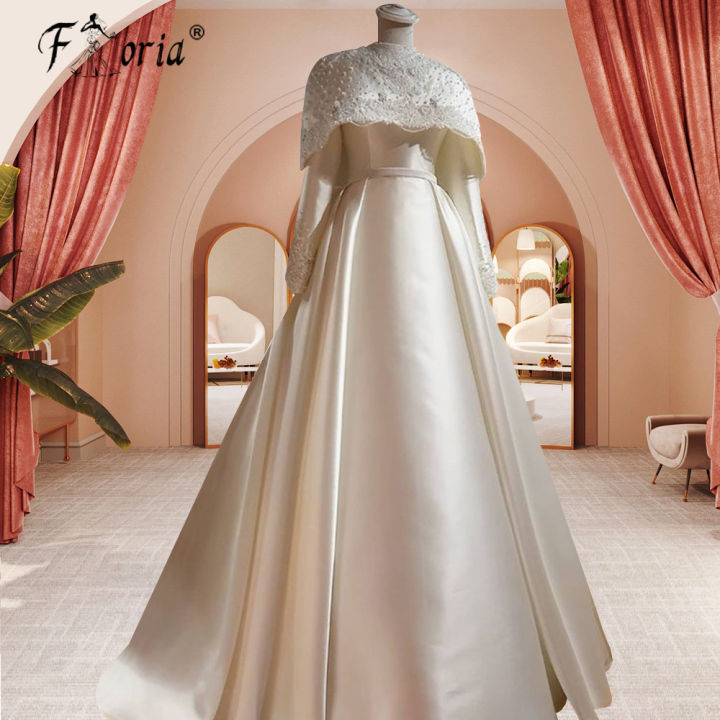 Glamrous Satin Long Sleeves High Neck Wedding Dress Chapel Train Dubai Muslim Ball Gown Woman Formal Occasion Dresses Vestidos
