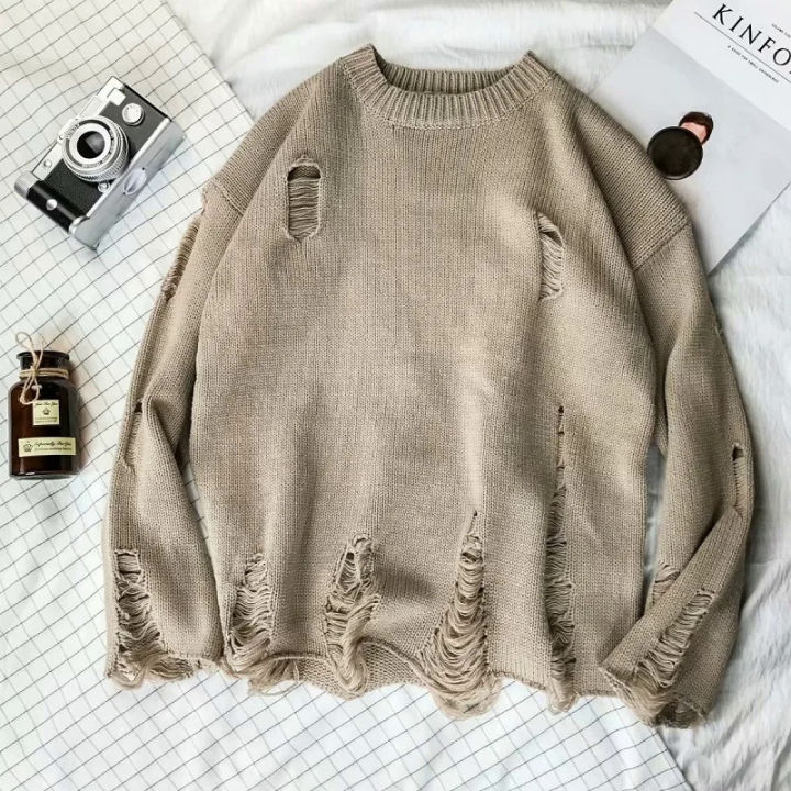 【NShisasN】Autumn and Winter Sweaters Men's Broken Hole Loose Fashion Korean Version Hollow out Beggar Round Neck Couple Pullover Knit