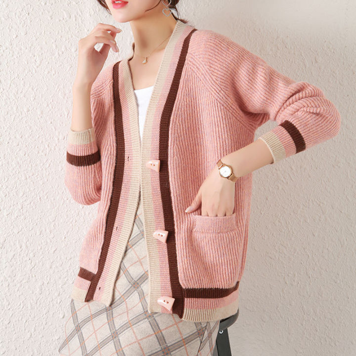 Female%20Sweater%20Coat%20Loose%20Western%20Style%20Button%20Stitching%20Striped%20Outer%20Wear%20Sweater%20Thick%20Cardigan%20Knitted%20Sweater%20For%20Women%20-%20Image%204