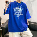 Elegantstunning Men Summer T-shirt Hong Kong Style Oversized Letter Printing Short Sleeve Round Neck Basic Shirts.
