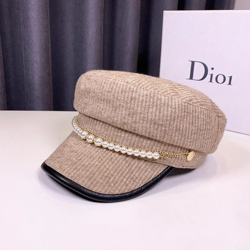 Autumn Winter Pearl Chain Flat Top Navy Hat Fashion Beret Newsboy