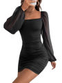 Women's Square Neck Bodycon Dress Long Puff Sleeve Ruched Mini Dresses Summer Solid Color Casual Female Evening Party Dress.