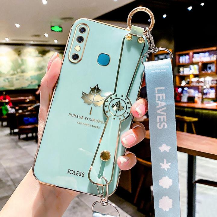 For Infinix Hot 8 Back Cover with Lanyard + Wristband Fashion Shiny Maple Leaf Plating Bumper Stand Holder Case Camera Protection Soft Silicone Mobile Phone Cases