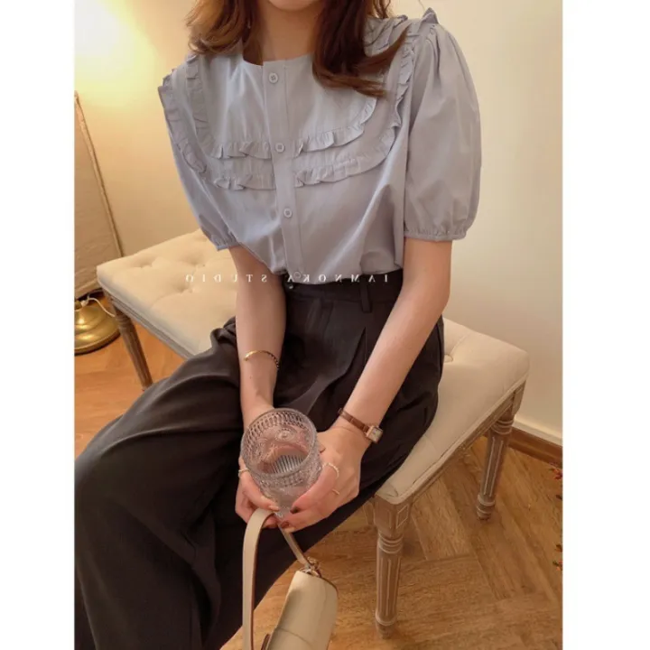 French%20Style%20Temperament%20Lace%20Collar%20Puff%20Sleeve%20Short%20Sleeve%20Shirt%20for%20Women%20Summer%20New%20High-Grade%20Chic%20Blue%20Gentle%20Top%20-%20Image%207