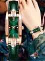 5PCS Set Fashion Women Rectangle Watches Ladies Business Green Leather Quartz Watch Womens Necklace Earrings Bracelet Wristwatch. 