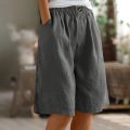 Fashion Solid Color Pants Pocket Button Up Capris Elastic Waist Loose Cotton Linen Women's Shorts.