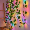 Green Artificial Ivy Leaf Vine 2M 20 LED Multicolour String Lights - Battery Powered Fairy Garland for Wedding Home Room Wall Decoration Indoor Outdoor Waterproof. 