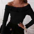 Lace Stitching Collar Long Sleeve Solid Color Knitted Blouse Autumn Office Ladies Elegant Off Shoulder Ribbed Knitwear Work Garm. 