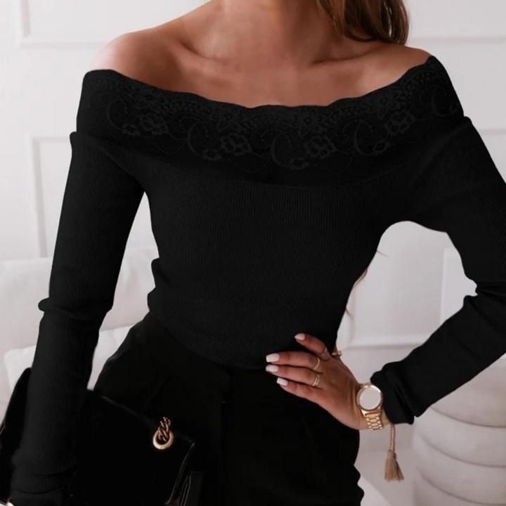 Lace Stitching Collar Long Sleeve Solid Color Knitted Blouse Autumn Office Ladies Elegant Off Shoulder Ribbed Knitwear Work Garm