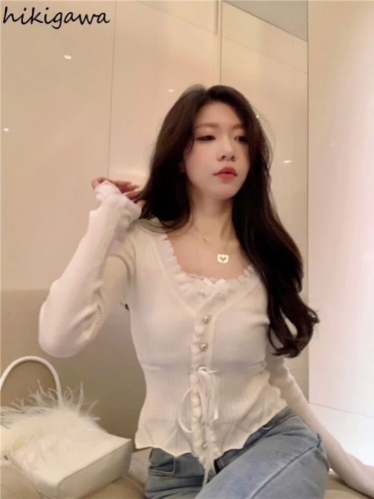 Sweet%20Cardigan%20for%20Women%20Lace%20Ruffles%20Bandage%20Tops%20Y2K%20Clothes%20Sueter%20Mujer%20Tunic%20Pink%20Cardigans%20Pull%20Femme%20Knit%20Cropped%20Sweater%20-%20Image%203