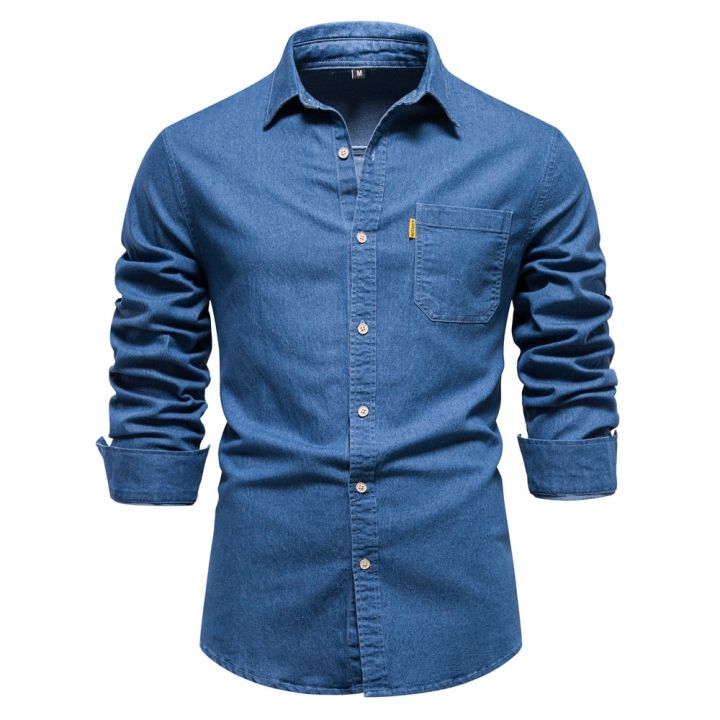New Autumn Cotton Denim Shirt Men Long Sleeve Solid Color