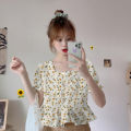 Plaid French Hot Girl Summer New T T-shirt Short Sleeve Floral Top Korean Style 2024 Chiffon Shirt Doll Collar.