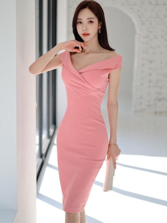 Korean Elegant Office Lady Women Evening Dress Pink Slash Neck Off-Shoulder  Skinny Slit Midi Club Robe Mujer Gown Vestidos | Daraz.com.bd