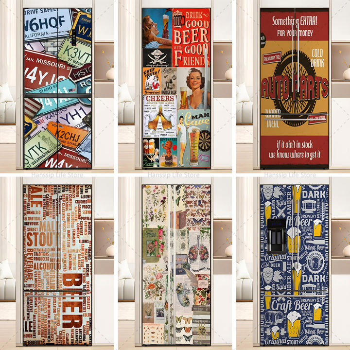 Retro Graffiti Poster Stickers Fridge Door Decals Waterproof PVC Tiling Floral Pattern Refrigerator Door Cover Kitchen Decor