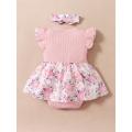 0-18 Months Baby Girl Floral Romper Dress Fly Sleeve Summer Ribbed Jumpsuit with Headband Newborn Baby Girl Lovely 2PCS Outfit. 