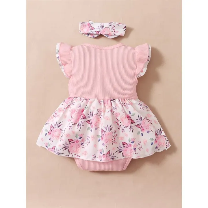 0-18%20Months%20Baby%20Girl%20Floral%20Romper%20Dress%20Fly%20Sleeve%20Summer%20Ribbed%20Jumpsuit%20with%20Headband%20Newborn%20Baby%20Girl%20Lovely%202PCS%20Outfit%20-%20Image%202