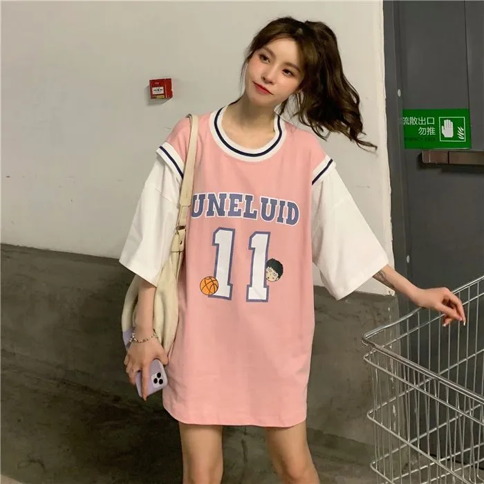 Fake%20Two%20Pieces%20Basketball%20WearTT-shirt%20Women's2022New%20Jersey%20Student%20Korean%20Style%20Loose%20Mid-Length%20Half%20Sleeveins-%20-%20Image%204
