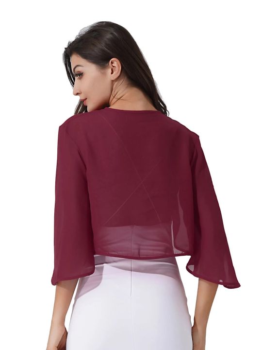 Womens%203/4%20Sleeve%20Chiffon%20Cardigan%20Bolero%20Elegant%20Summer%20Ladies%20Wedding%20Wraps%20Shrug%20Bridal%20Bolero%20Long%20Shawl%20Evening%20Cover%20Up%20-%20Image%203