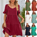 2024 Amazon's new women's cross-border European and American summer casual V-neck babydoll three-layer pleated dress. 