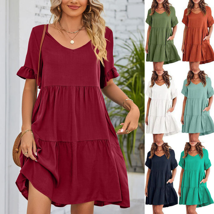 2024 Amazon's new women's cross-border European and American summer casual V-neck babydoll three-layer pleated dress