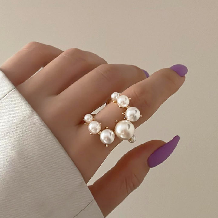 Double Row Layered Gradual Cluster Beaded Pearl Ring Crescent Moon