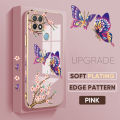 Jizetin (Free Lanyard) for OPPO A15 A15S Back Cover Peach Blossom and Butterfly Luxury 6D Plating Case Side Pattern Soft Silicone Square Mobile Phone Cases. 