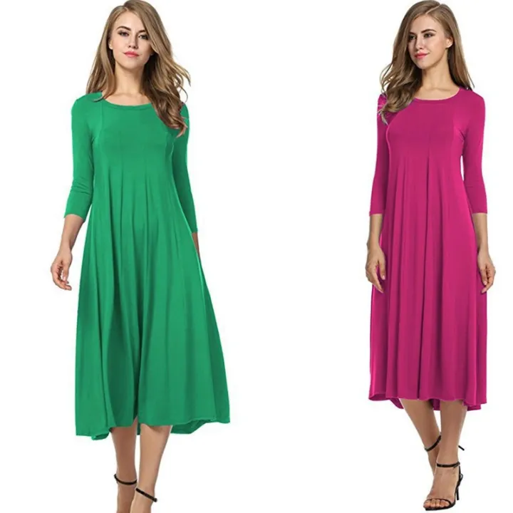 Cross-border%20European%20and%20American%20women's%20clothing%202024%20spring%20new%20skirt%20fashion%20casual%20pleated%20three-quarter%20sleeve%20solid%20color%20swing%20dress%20-%20Image%204